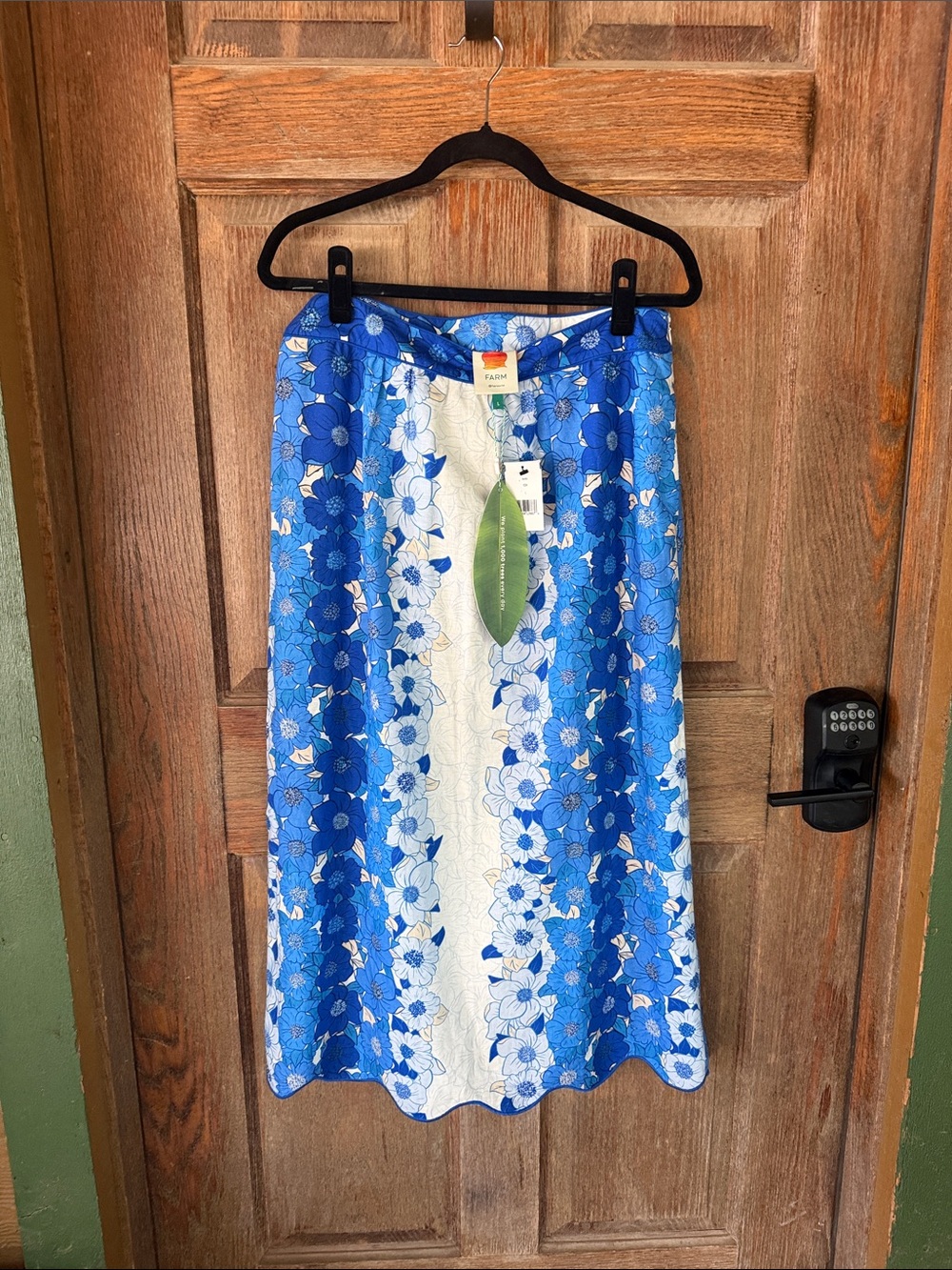 Farm Rio Blue Floral Midi Skirt with Panelled Print Sz L